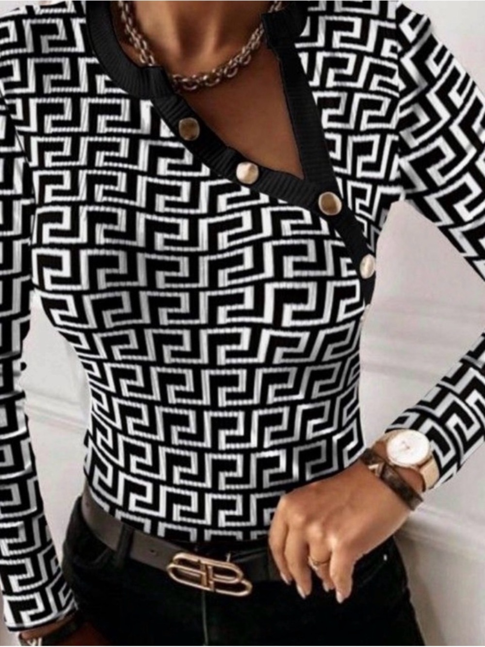 Black White Geometric Print Gold Button Blouse Size Large Chic Modern Top